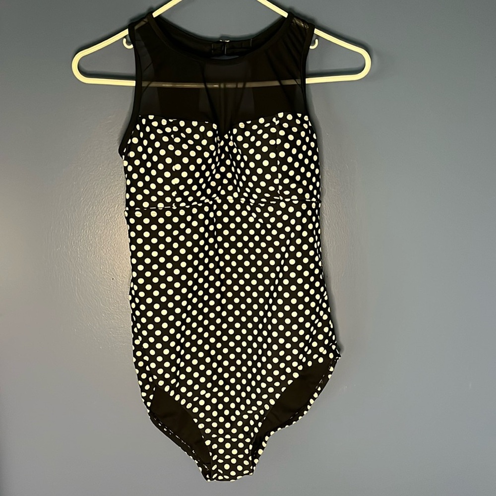 Catalina women 12-14 one-piece bathing suit black/white polka dot, mesh at neck
